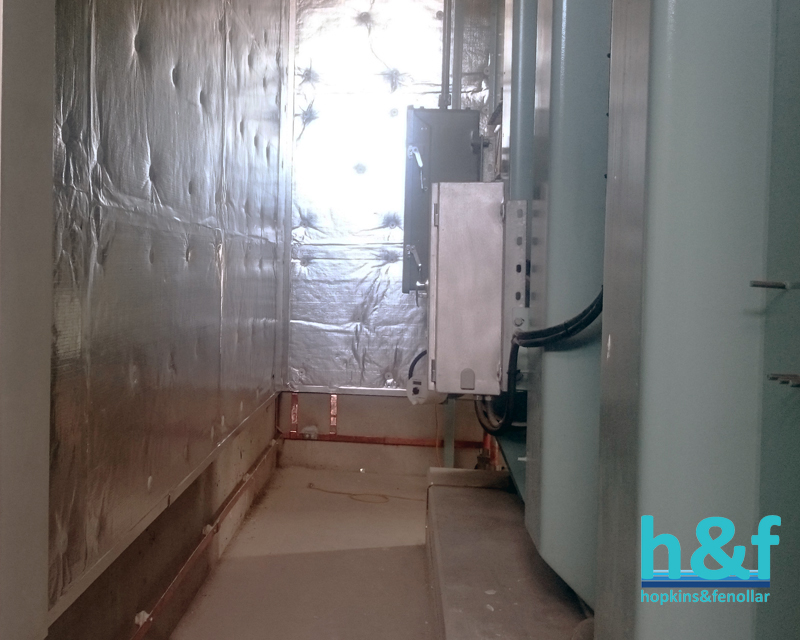 Supertel acoustic boards installed in transformer room – trim angles and 96mm foil tape seal all joins.
